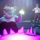 Ursula from Disney's The Little Mermaid holds a potion while the Disney Dreamlight Valley protagonist stands in the background in her cave.